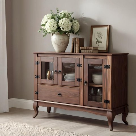 Balcão Retrô de Madeira Maciça com 3 Portas de Vidro