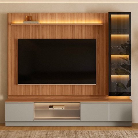 Estante Modular para TV até 75 Polegadas com Cristaleira LED MDF Canela Gris