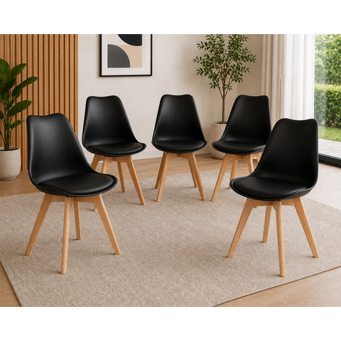Kit 5 Cadeiras Leda com Almofada, Saarinen Wood Pés Madeira - Sala de Jantar, Cozinha, Escritório, H