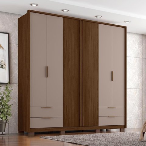 Guarda Roupa Casal 6 Portas 4 Gavetas Externas com Pés e Puxador em MDF Suburban Espresso Móveis Marrom/Havana/Fendi