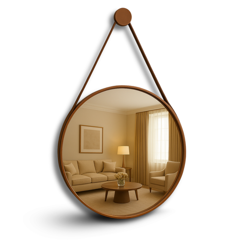 Espelho Redondo Adnet 60cm Decorativo com Alça em Couro Costurada + Suporte para Parede Couse