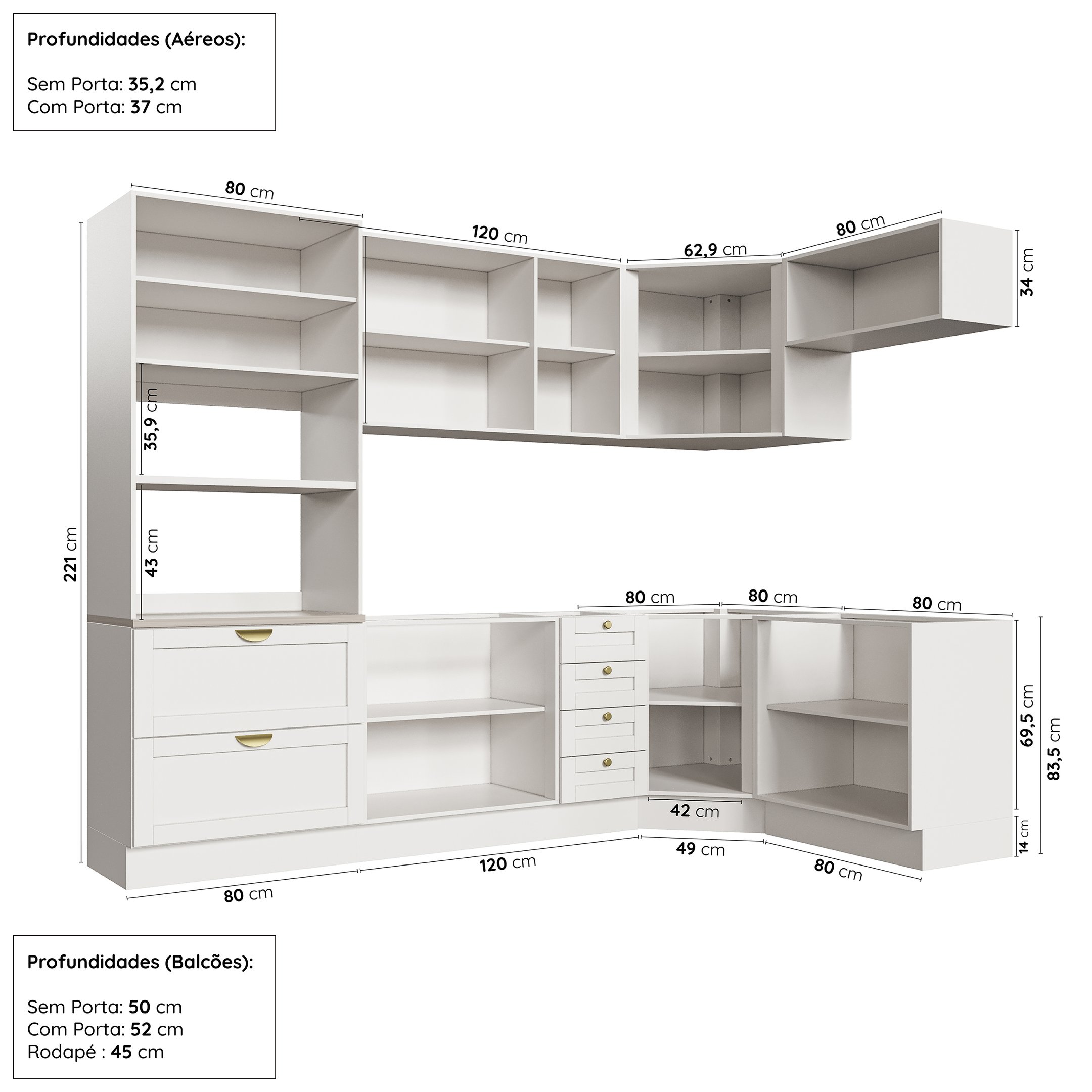 Cozinha Modulada 7 Peças sem Tampo 3 Aéreos 3 Balcões e Torre Quente Arizona CabeCasa MadeiraMadeira - 4