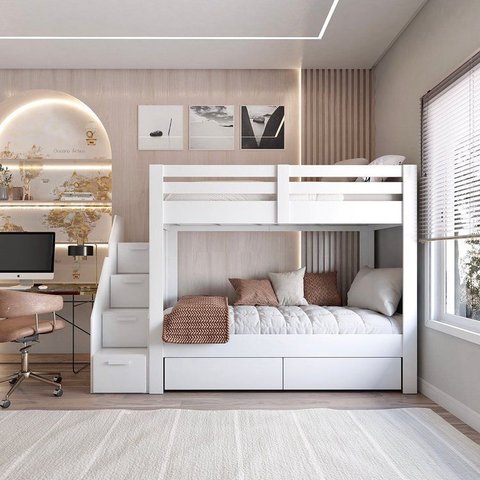 Beliche Infantil/Juvenil 2 Gavetões e Escada com 4 Nichos Star Plus Casatema MadeiraOriginals Branco