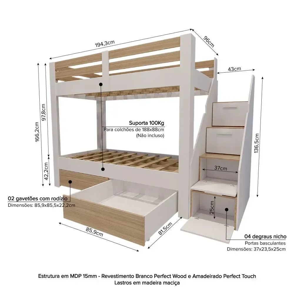 Ver imagem 3 de Beliche Infantil/Juvenil 2 Gavetões e Escada com 4 Nichos Star Plus Casatema MadeiraOriginals Branco