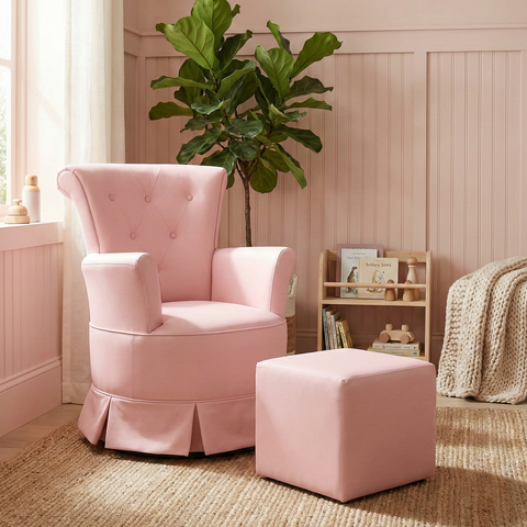 Poltrona de Amamentação com Balanço e Puff em Corino Rosa Bárbara