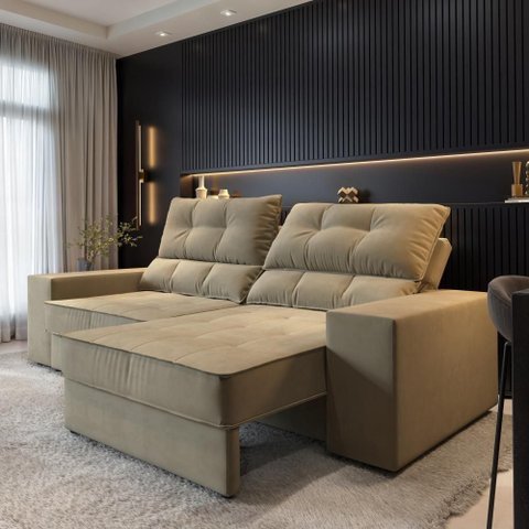 Sofá com Chaise Larissa 4 Lugares Retrátil Reclinável 232cm Bege Cialar Móveis