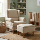 Ver imagem 1 de Poltrona de Amamentação com Puff Baú em Linho Bege e Pés de Madeira Maciça Sabrina 