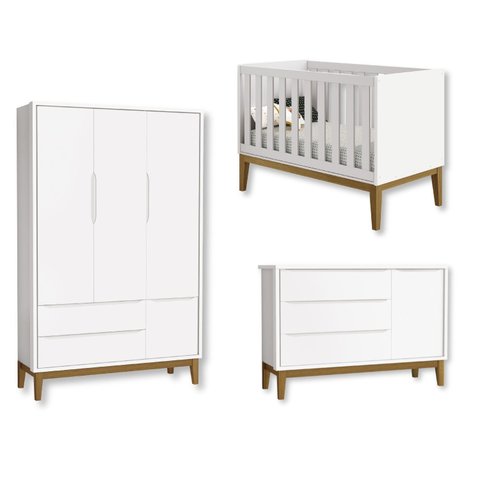 Jogo de Quarto Bebê Completo 3 Portas Classic Branco Pés Madeira