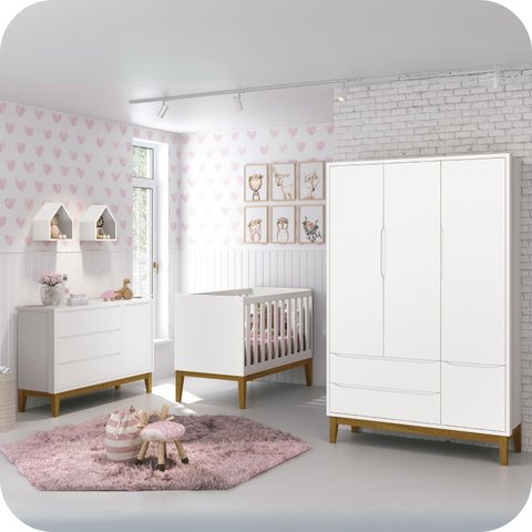 Jogo de Quarto Bebê Completo 3 Portas Classic Branco Pés Madeira