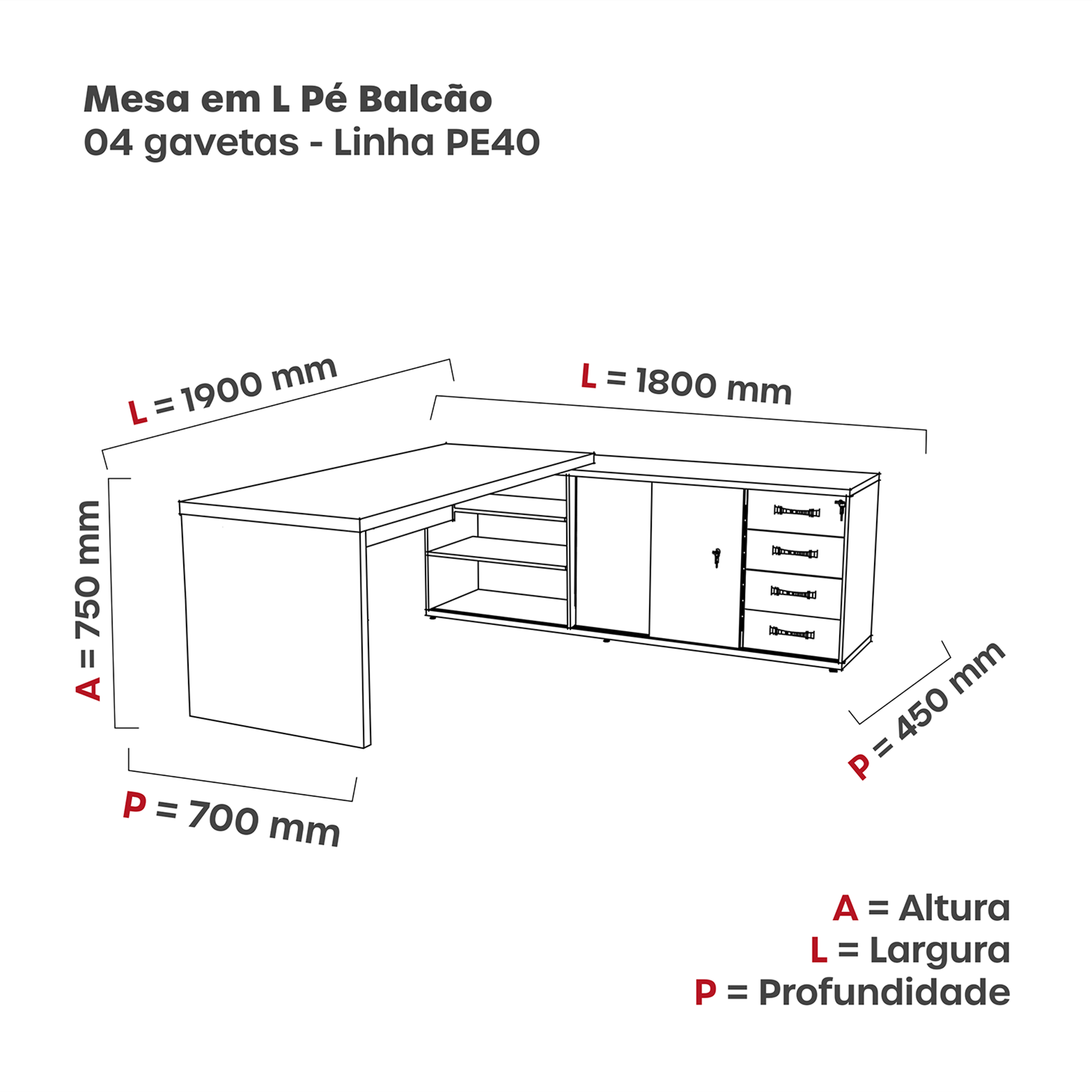 Escrivaninha em L para Escritório 4 Gavetas 2 Portas MPB03PE40TUB - 2