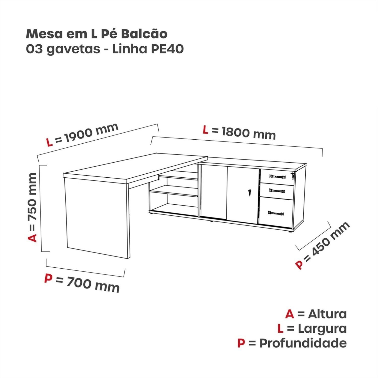 Mesa para Escritório em L Diretor 190x180cm MPB04GPE40PP ESP213  - 2