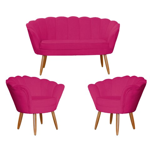 Conjunto Namoradeira Pétala de Flor + 2 Poltronas Pés Palito Suede Pink