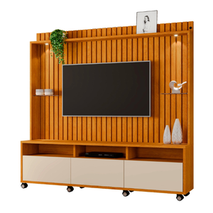 Estante Rack para Tv 60" Home Ripado Absoluto com Rodizios:naturale/ Off White