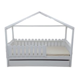 Bicama Solteiro Frente Casinha Montessoriana Madeira Maciça Pinus - Branco - Grade Cercadinho Comple - 1