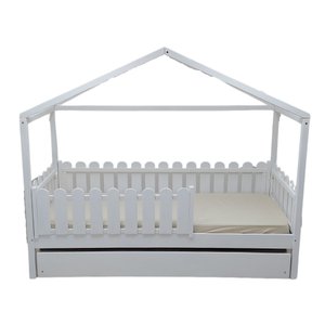 Bicama Solteiro Frente Casinha Montessoriana Madeira Maciça Pinus - Branco - Grade Cercadinho Comple