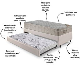Bicama Box Solteiro Corino Linho 88x188x28 cm com Colchão Airtech Ortobom Molas Ensacadas - 4