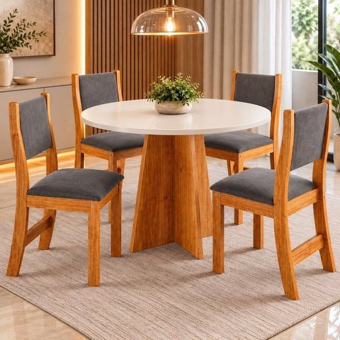 Conjunto Sala de Jantar Mesa Chilli 90cm Tampo Redondo com 4 Cadeiras Sol Bege/Mel/Blonde/Cinza