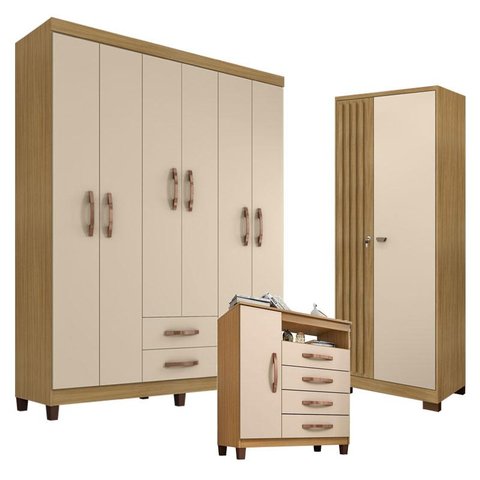 Guarda Roupa Casal Modena com 6 Portas com Cômoda Sapateira Cannes e Armário Multiuso Versatile Carv
