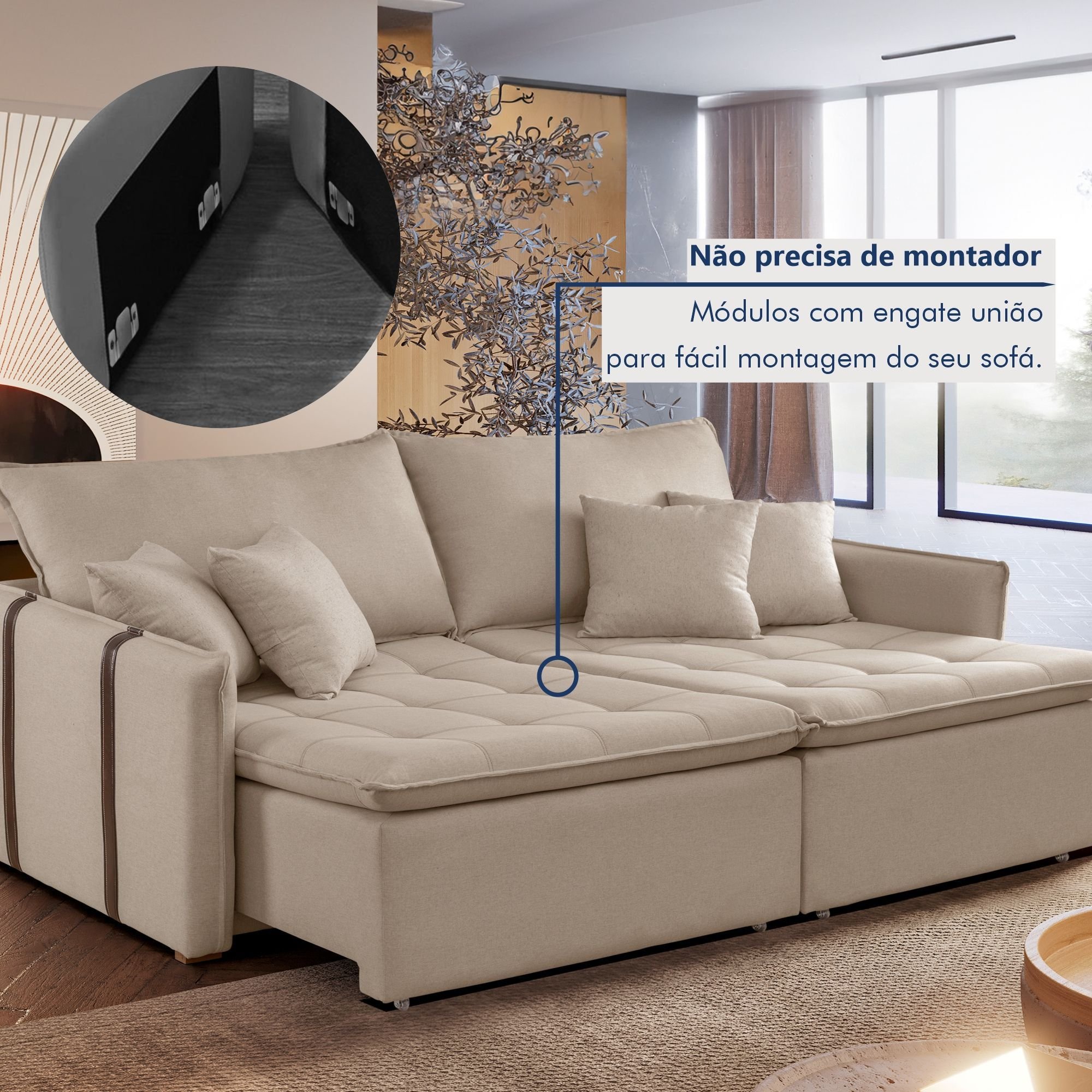 Sofá Cama Retrátil e Reclinável 3 Lugares Linho Bege Detroid 200cm