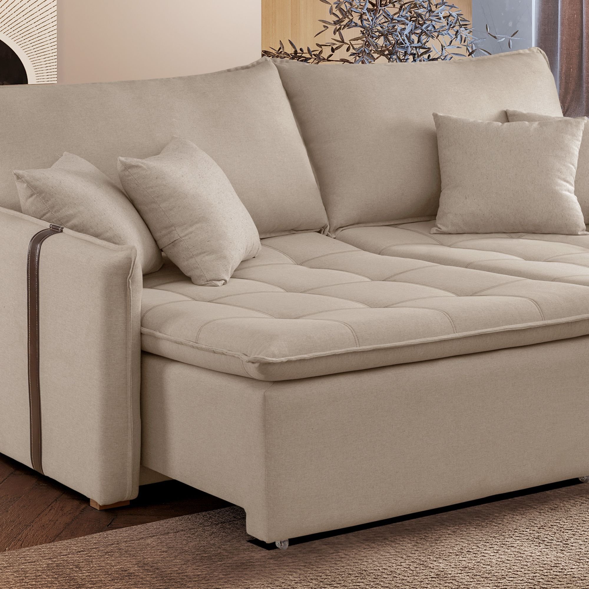 Sofá Cama Retrátil e Reclinável 3 Lugares Linho Bege Detroid 200cm