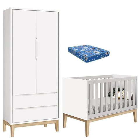 Berço Americano com Colchão e Guarda Roupa Classic 2 Portas Branco Pés Madeira Natural – Reller