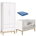 Ver imagem 1 de Berço Americano com Colchão e Guarda Roupa Classic 2 Portas Branco Pés Madeira Natural – Reller