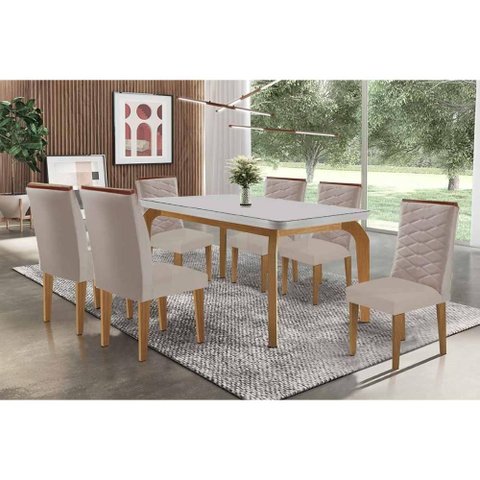 Conjunto: Mesa Sala Jantar Londrina C/ Tampo Madeirado C/ Vidro Canto Curvo 180x90cm e 6 Cadeiras