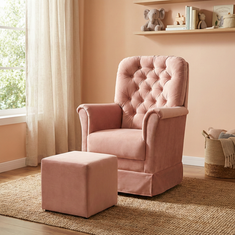 Poltrona de Amamentação com Balanço e Puff Veludo Rosa Agatha