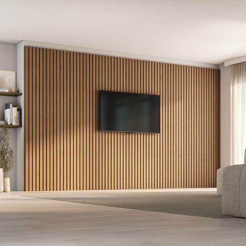 Painel Ripado para TV 86 Polegadas Planejado 400x230cm Aruá CabeCasa MadeiraOriginals Marrom/Jatobá