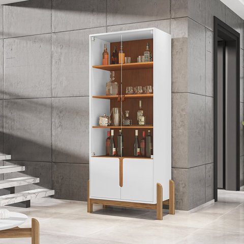 Cristaleira Lizz Casa D 2 Portas com Vidro 83cmx179,5cm Pés em Madeira Maciça Branco/Cedro