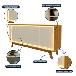 Buffet Aparador 4 Portas com LED 160cm Pés Madeira 100% MDF - 11