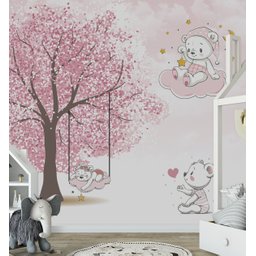 Papel de parede árvore rosa ursinha no balanço M² PP43 - 2
