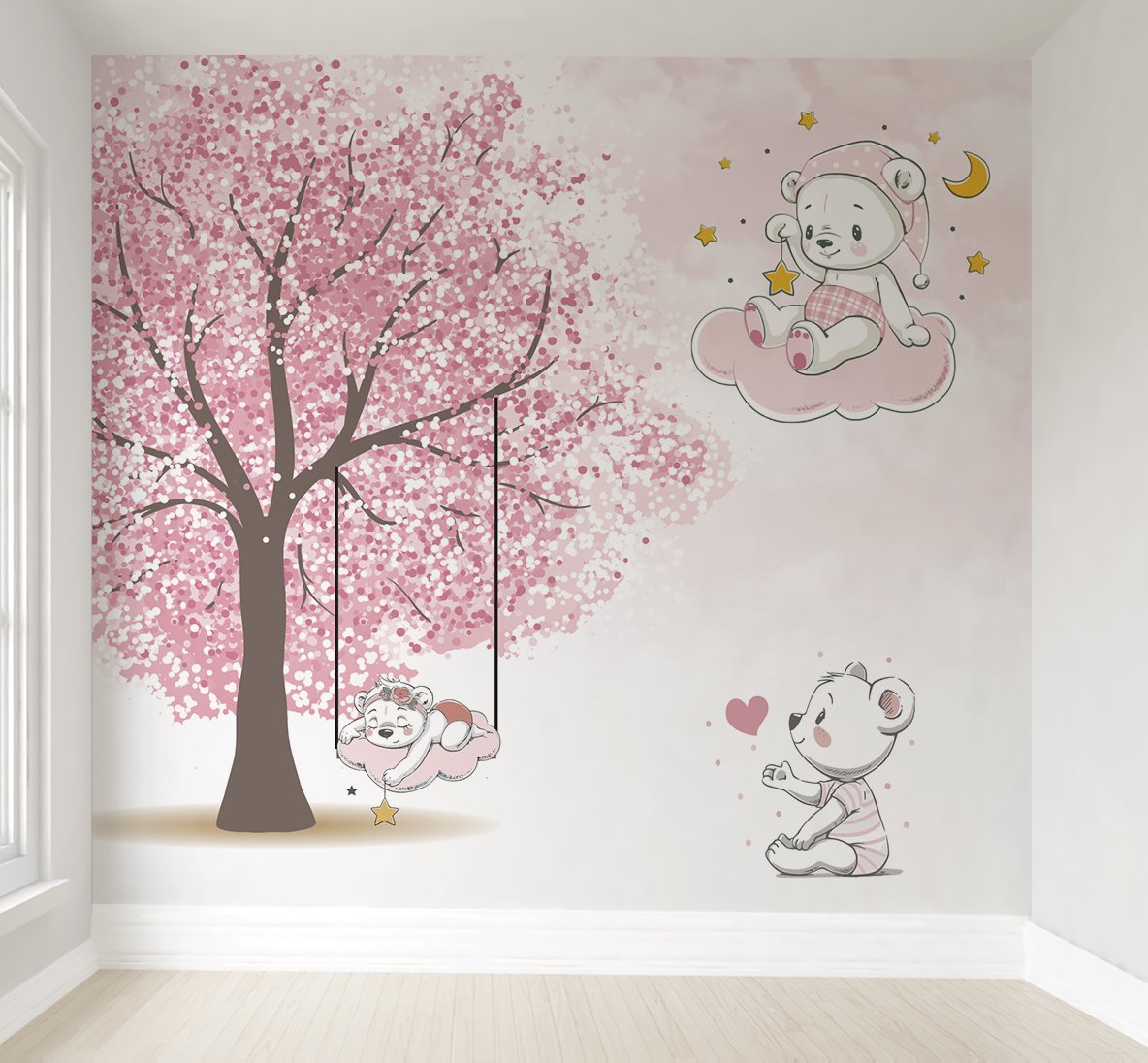 Papel de parede árvore rosa ursinha no balanço M² PP43 - 1