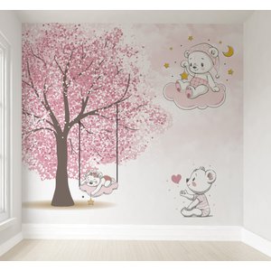 Papel de parede árvore rosa ursinha no balanço M² PP43