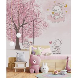 Papel de parede árvore rosa ursinha no balanço M² PP43 - 3