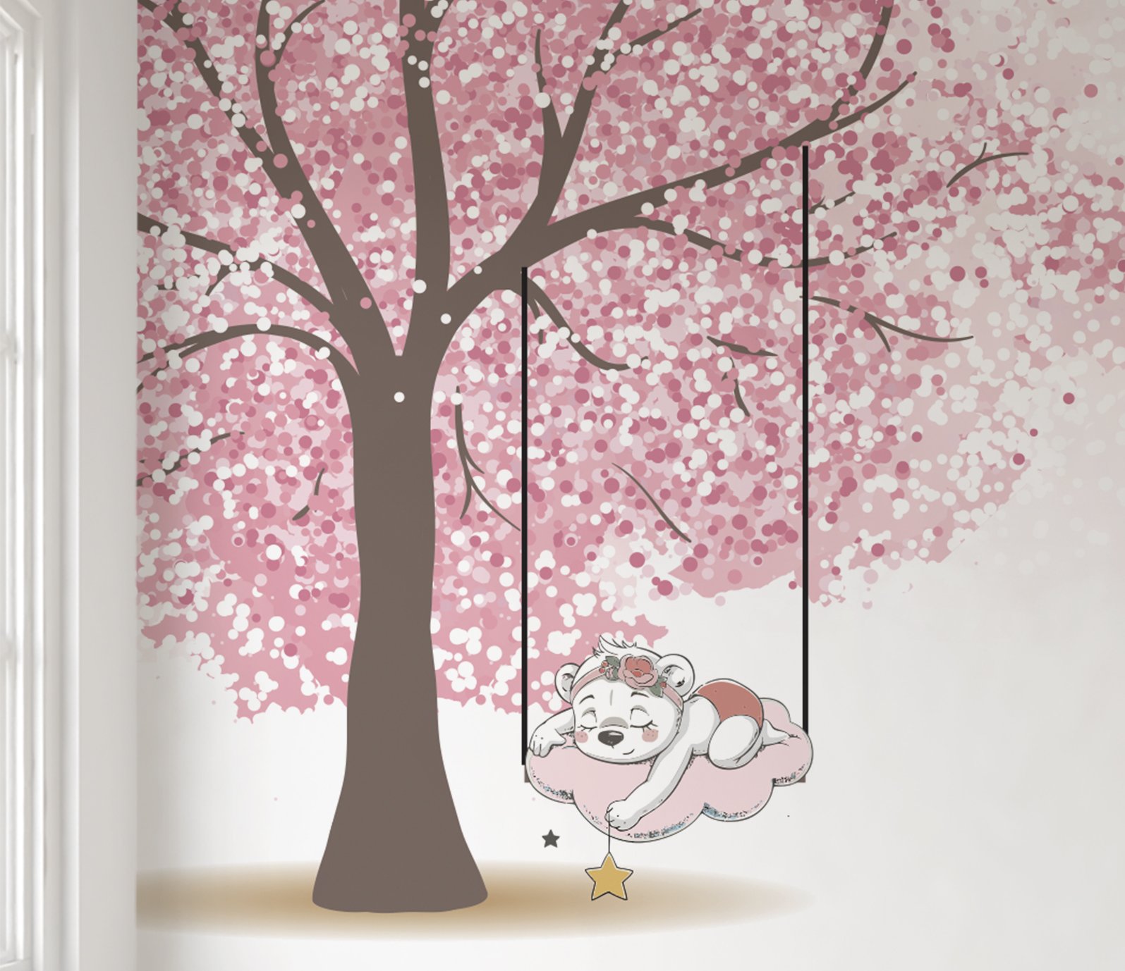 Papel de parede árvore rosa ursinha no balanço M² PP43 - 4