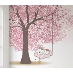 Papel de parede árvore rosa ursinha no balanço M² PP43 - 4