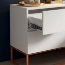 Ver imagem 5 de Mesa de Cabeceira 2 Gavetas Eros 60cm MDF Branco Pés de Ferro Cobre Estilo Industrial
