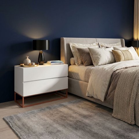 Mesa de Cabeceira 2 Gavetas Eros 60cm MDF Branco Pés de Ferro Cobre Estilo Industrial