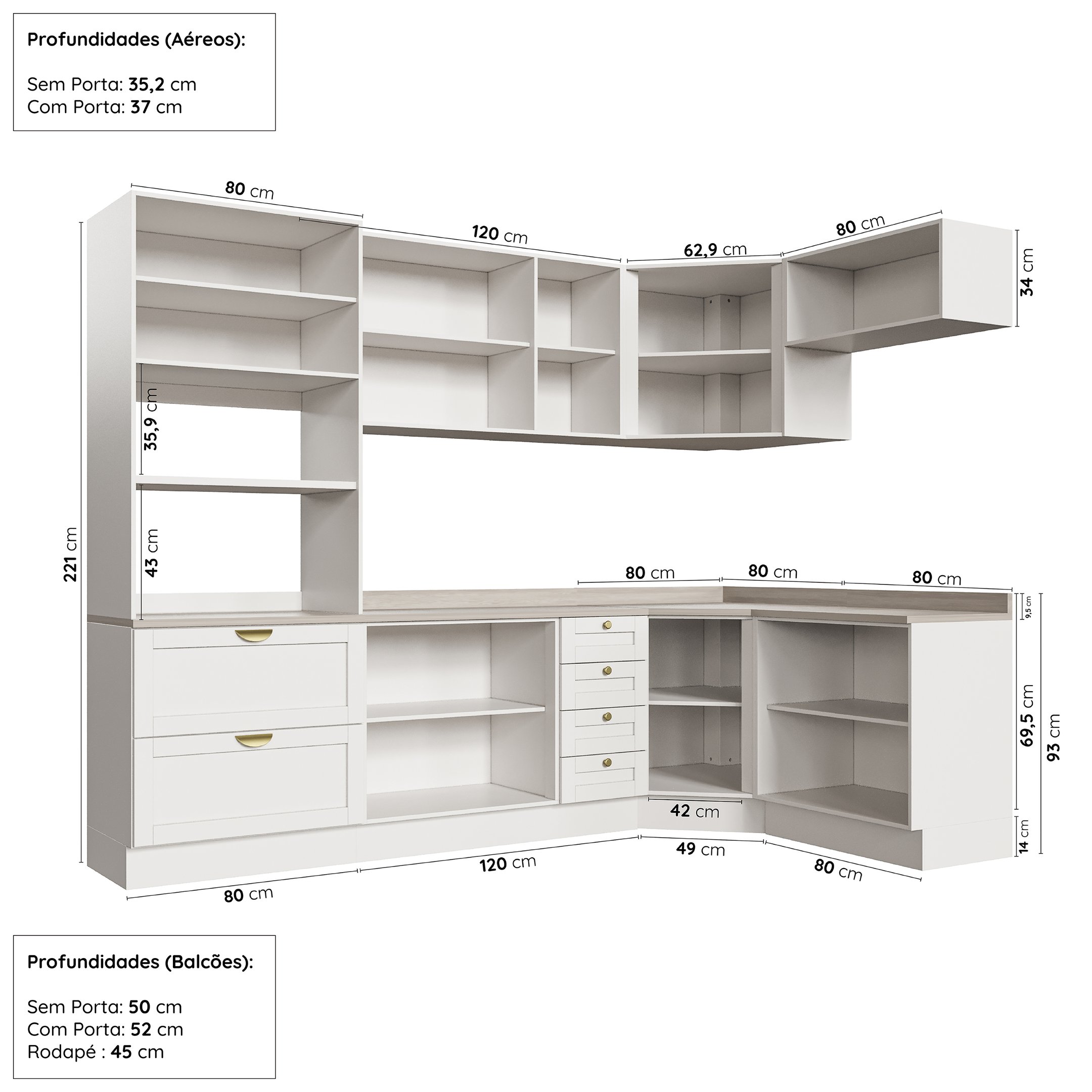 Cozinha Modulada 7 Peças com Tampo 3 Aéreos 3 Balcões e Torre Quente Arizona CabeCasa MadeiraMadeira - 4