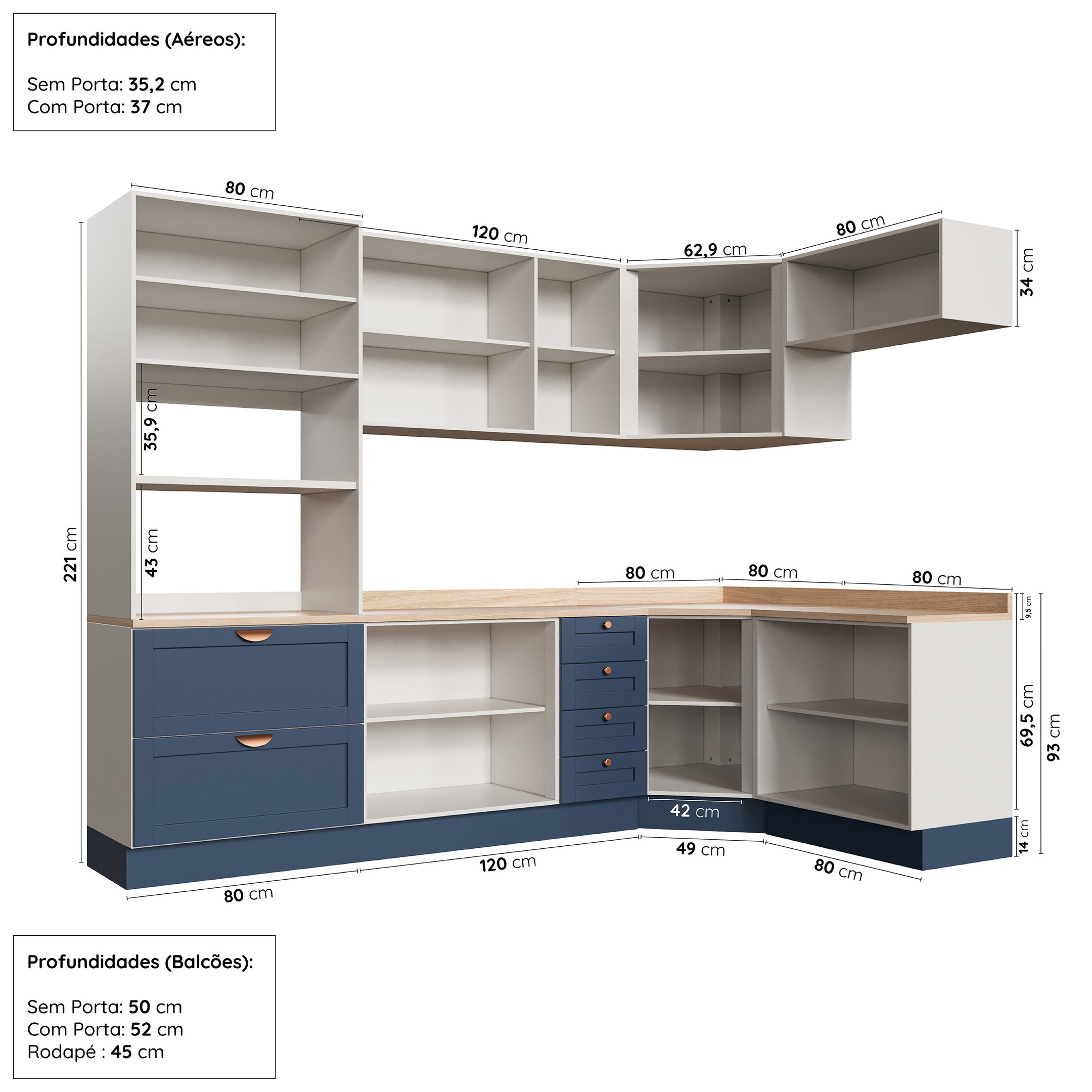 Cozinha Modulada 7 Peças com Tampo 3 Aéreos 3 Balcões e Torre Quente Arizona CabeCasa MadeiraMadeira - 4