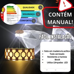 Lustre Pendente Madeira Ripado Diamante 50 Cm para Sala de Srtar Sala de Jantar Cor Freijó - 7