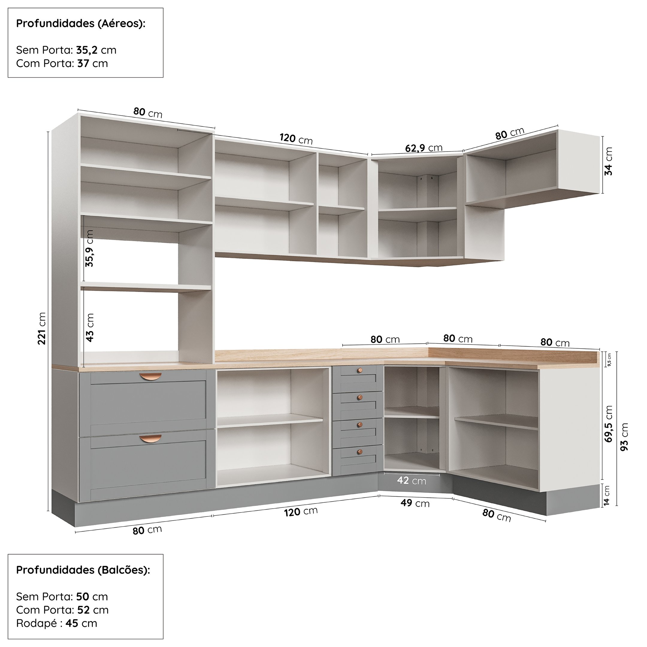 Cozinha Modulada 7 Peças com Tampo 3 Aéreos 3 Balcões e Torre Quente Arizona CabeCasa MadeiraMadeira - 4