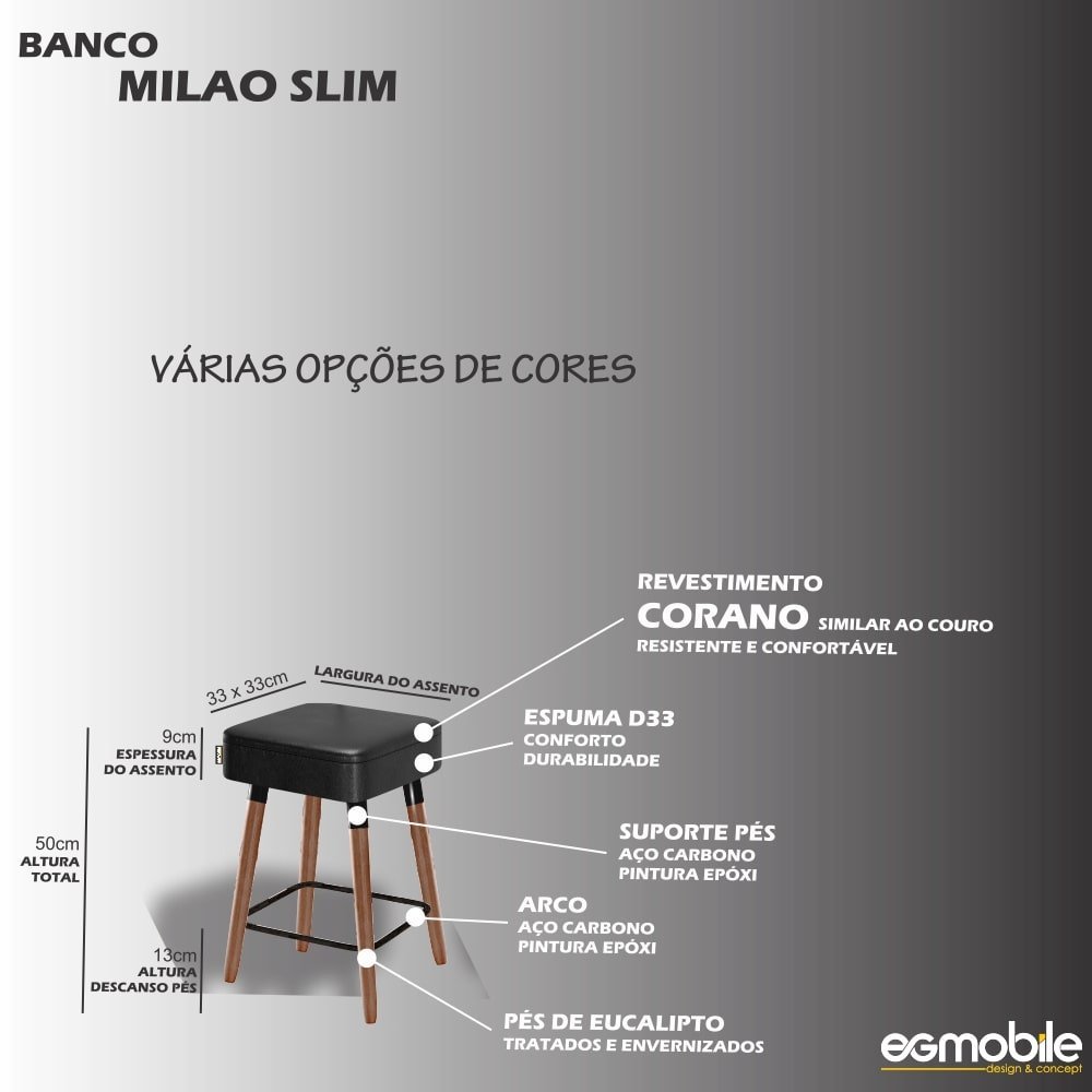 Banco Moderno Pé Palito Milao Slim Preto 50cm EGMOBILE - 3