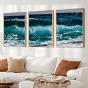 Ver imagem 1 de Kit Quadro Decorativo 3 Telas As Ondas Tacolado Moldura Caixa Alta 4,5cm Madeira sem Vidro 80 X 120c