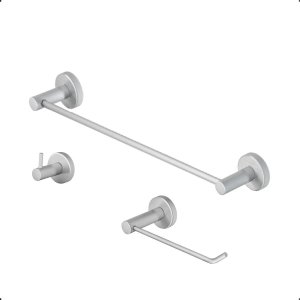 Kit Acessórios de Banheiro 3 Peças Grego Metal Completo Suporte Escovado Acetinado Modelo Athenas