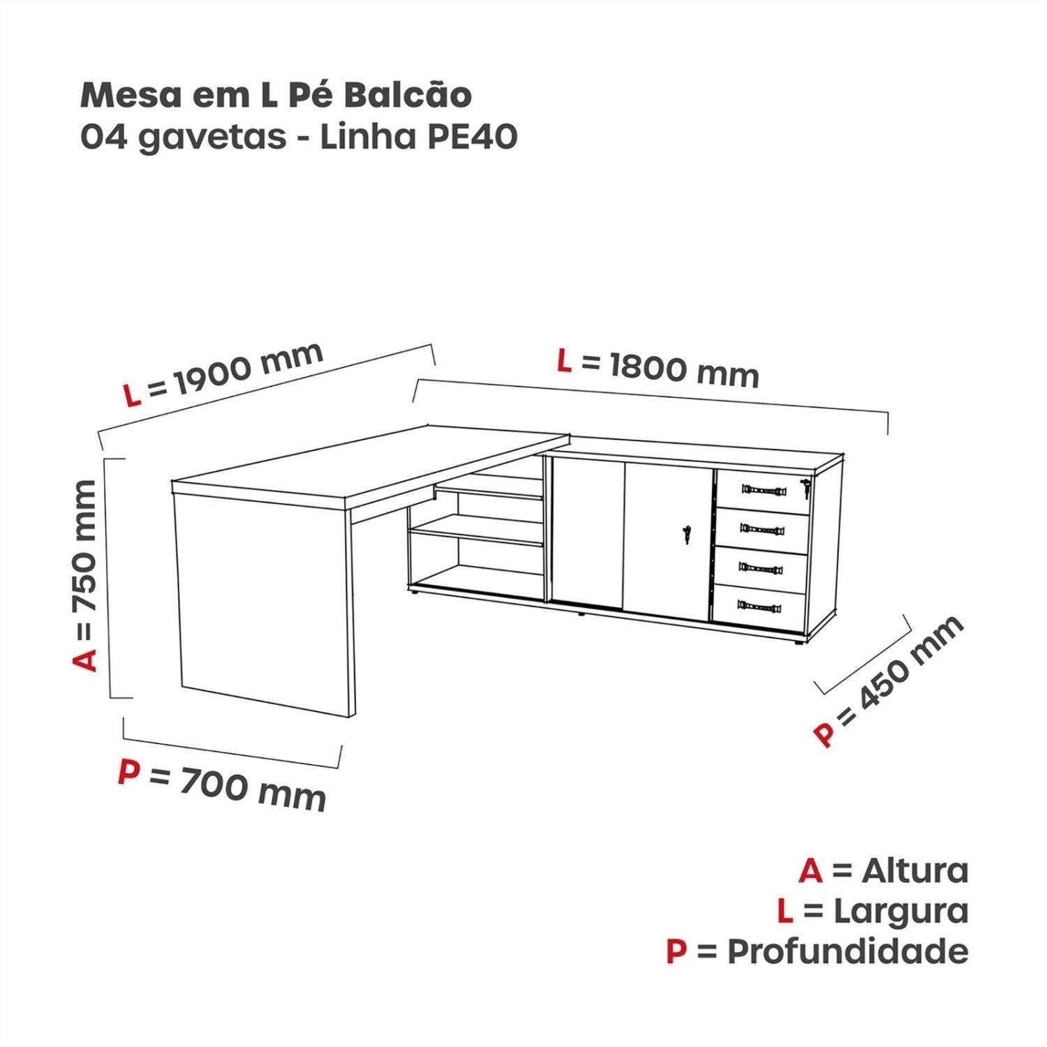 Mesa para Escritório em L Diretor 190x180cm MPB04GPE40TUB ESP216  - 3