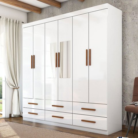 Guarda-roupa Solteiro Denver 6 Portas 6 Gavetas com Espelho Branco - Carioca Móveis