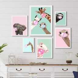 Composição 6 Quadros Decorativos Animais Chicletes - com Vidro:madeira Branca - 1