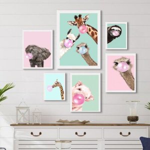 Composição 6 Quadros Decorativos Animais Chicletes - com Vidro:madeira Branca